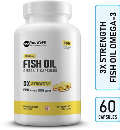 YouWeFit Omega-3 Fish Oil | 1250mg Triple Strength Fish Oil Capsules | No Fishy Burps  (60 Capsules)