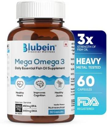 Blubein Mega Omega 3 Fish oil with 3X strength of EPA(450mg) & DHA(300mg) Men & Women
