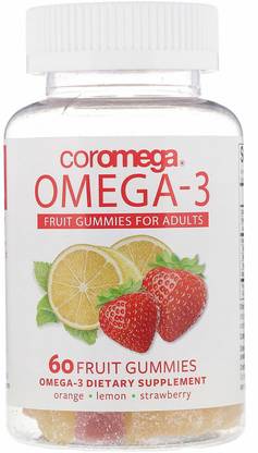 coromega Omega-3, Fruit Gummies for Adults, Orange, Lemon, Strawberry, 60 Fruit Gummies