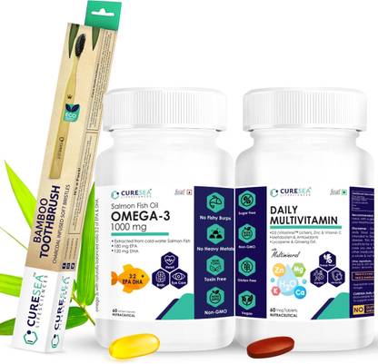 CURESEA LIFESCIENCES Omega 3 Salmon Fish Oil 1000mg and Daily Multivitamin with Bamboo Toothbrush