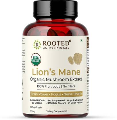 ROOTED Lions Mane mushroom Extract Capsules (500 mg) | Memory, Brain & Nerve Health