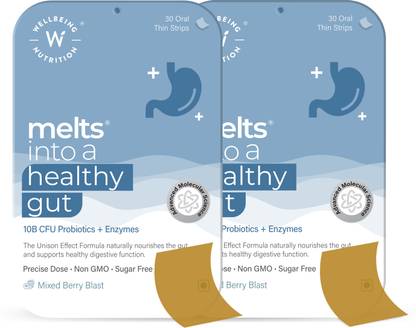 Wellbeing Nutrition Melts Healthy Gut|Plant Based Probiotic 10B CFU, Digestive Enzyme -Oral Strips