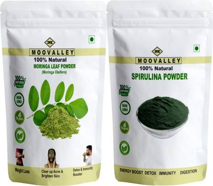Moovalley Moringa Powder & Spirulina Powder - 150 gm Each (Green Superfood Combo Pack)