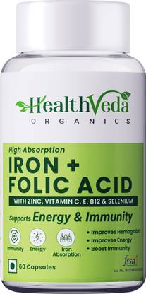 Health Veda Organics Iron + Folic Acid Supplement with Zinc, Vitamin C & Vitamin B12
