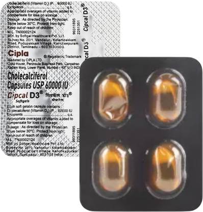 Cipla cipcal vitamin D3 60000IU One A Week For Strong Bones, Muscles,