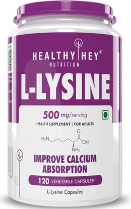 HealthyHey Nutrition L-Lysine 500mg, No Additives, Essential Amino Supplement, 120 Vegetable Capsules