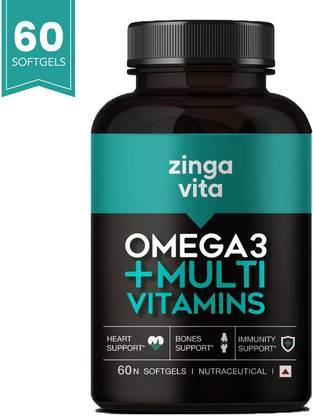 Zingavita Omega 3 Fish Oil + Multivitamin For Immunity Energy & Heart Health  (60 Capsules)