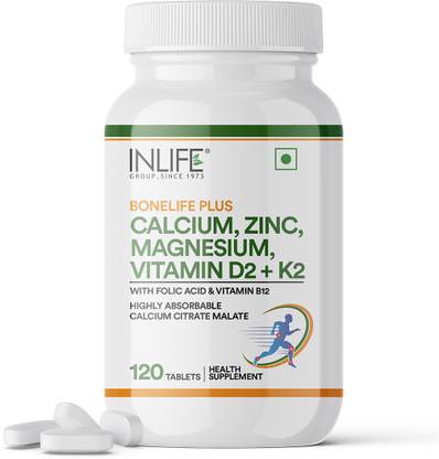 INLIFE Calcium Magnesium Zinc Vitamin D K2 Folic Acid Tablets for Women Men, 120 Tablets