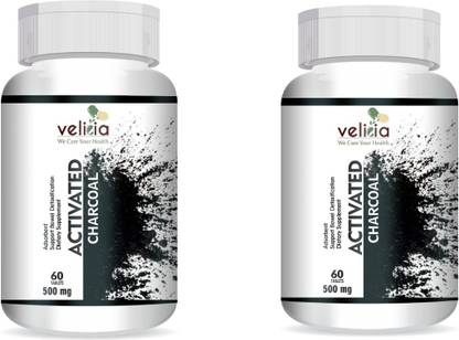 Velicia Activated Charcoal for Digestive Health | Reduce Gas & Bloating 60 Tab Pack of 2