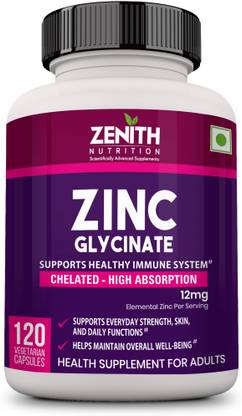 Zenith Nutrition High Absorption Chelated Zinc Glycinate 12mg Veg capsules Boosts Immunity