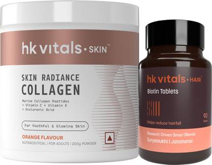 HEALTHKART hk vitals Skin Radiance Collagen, 200 g and 90 Biotin Tablets (Combo Pack)