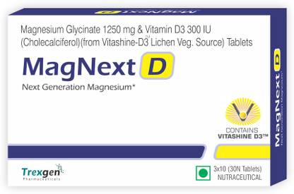 Trexgen MAGNEXT-D Magnesium glycinate 1250 mg & Stabilized Vitamin D3 200 IU (30Tabs)
