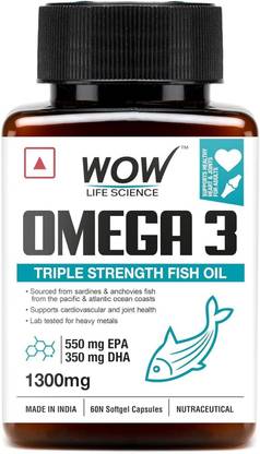 WOW Life Science Omega-3 Fish Oil 1300 mg Triple Strength 550 EPA + 350 DHA Enriched
