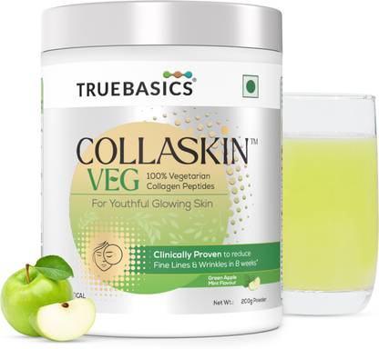 TRUEBASICS CollaSkin 100% Veg Collagen Peptides for Youthful Glowing Skin, Green Apple Mint