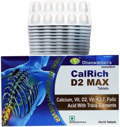 Dhanwantari's ImmuRich CalRich D2 MAX 100 Tablets Rich With Calcium Zinc Vit D2 K2-7 Natural Vegan