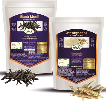 biotic Black Musli (Kali Musli) and Ashwagandha Powder - Combo 100 g Each