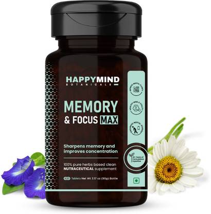 happymind Memory & Focus Max | Ayurvedic Brain Booster Focus Supplement | 60 Vegan Tablets