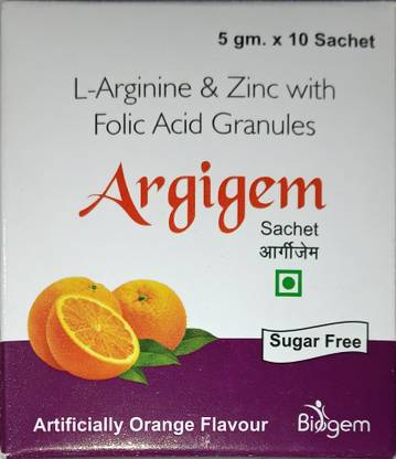 BIOGEM L-Arginine Powder Sachets Sugar Free,Orange Flavour, Each Sachet 5g (Pack of 10)