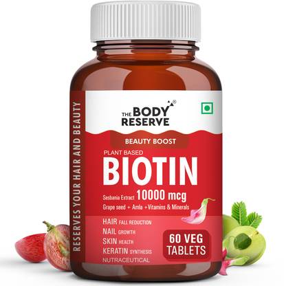 THE BODY RESERVE Plant-Based Biotin 10000 mcg Tablets,For Strong Hair Growth, Glowing Skin&Nails