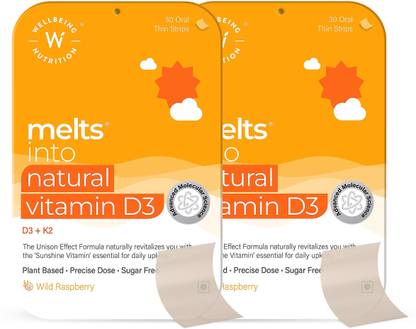 Wellbeing Nutrition Melts Natural Vitamin D3 + K2 (MK-7) for Heart,Muscle,Bone and Cellular Protection