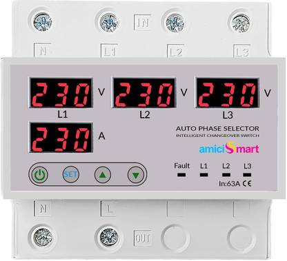amiciSmart Intelligent 3 Phase to 1 Phase Selector/Changeover Switch with Over/Under Voltage Protection
