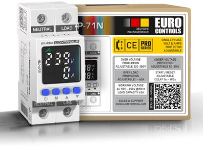 Euro Controls EVP71N 63A Single Phase Over - Under Voltage & Over Current Protector German Excellence Automatic trip & Recovery - On delay - Parameters Adjustable