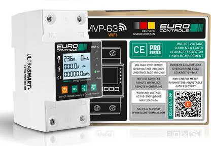 Euro Controls EMVP-63A WiFi IOT 4 in 1 Voltage Current & Earth Leakage Protector with KwH App Based Energy Monitoring - Time Scheduling & Remote Control