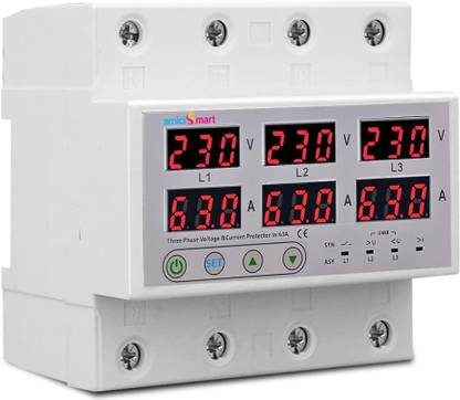 amiciSmart 3-Phase Automatic Over/Under Voltage Protector with Auto-Reconnect Din-Rail Mount 63A 220V Voltage Guard