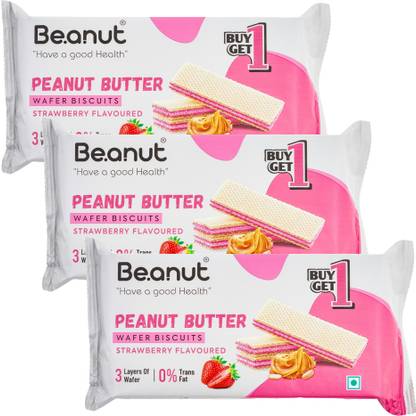 Beanut Buy 1 Get 1 Strawberry Flavoured Peanut Waffer Biscuit | Pack of 3 (6 piece) Wafers