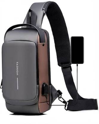 soom mart GOLDEN AND GREY PREMIUM QUALITY BLACK MEN SHOULDER BAG ANTI THEIF CROSSBODAY SLING BAG