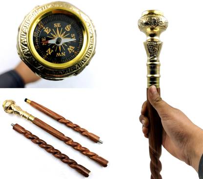Ascent India Brass compass Compass Handle wood walking stick cane 36 inch Walking Stick