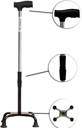 RUNMEX Surgical 4 Leg Black Base With Extra Support Height Adjustable Old Age Patient Walking Stick