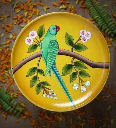 MARUDHARCRAFT Beautiful attractive painting of green parrot on yellow plate