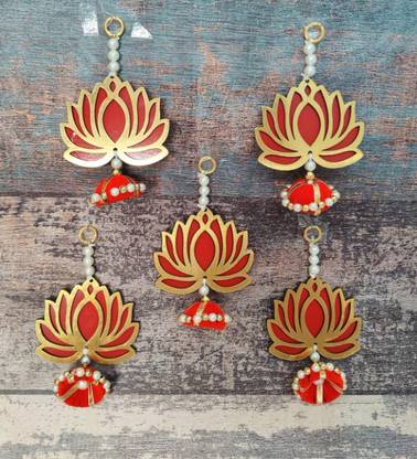 Gifting Bells Red Lotus with Cap and Golden Border Hanging for Temple Decor/Home Decor Pack of 8