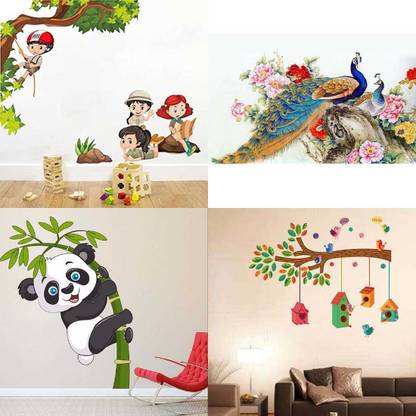 APTIO 45 cm Wall Sticker Kids Activity Royal Peacock Baby Panda Bird House Branch Self Adhesive Sticker