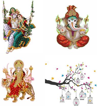 EJAart 45 cm Radhamadhav Jhula +Branches Flowers & BirdCages+Sherawali Maa+Ekdant Self Adhesive Sticker
