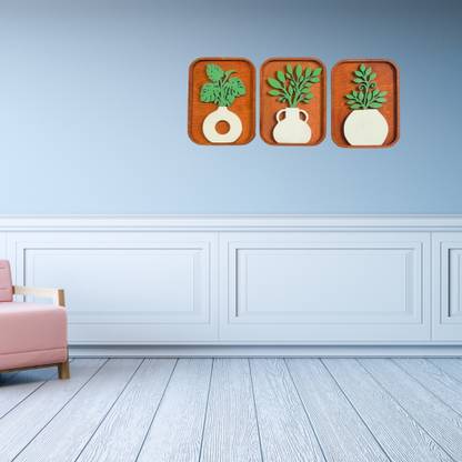 Shivucrafts Set of 3 Wooden Wall Décor Panels - Aesthetic 3D Vase for Interior Design Pack of 3