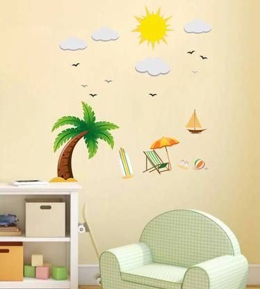 WALLDECORS SEA SHORE SETUP WITH TREE SUNSHADE SUN AND BIRDS IMAGE WALLSTICKER
