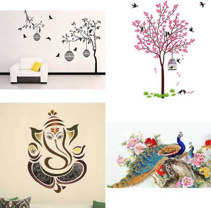 APTIO 45 cm Wall Sticker free bird case Pink Tree Bird & Nest Royal Ganesh Royal Peacock Self Adhesive Sticker