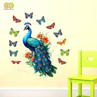 GraphicsDecor GRAPHICS DECOR | Green 3D Peacock with Butterflies Wall Stickers (61x66 cm)