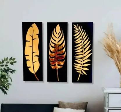 Vinayak Set of 3 Origins GOLDEN LEAF WALL ART for Home, Bedroom,Living Room