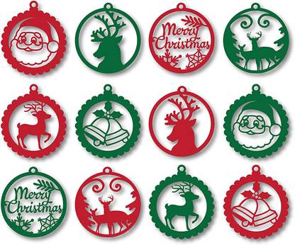 GIFT JAIPUR Beautiful Christmas Tree red & green mdf cutouts decoration Hanging Ornaments Pack of 12
