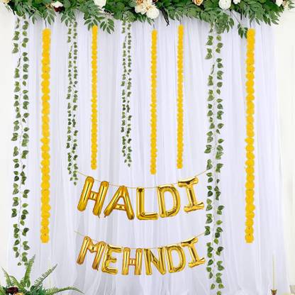 FLYER 2 Mehndi & Haldi Foil, 2 White NetCurtain,5 Green Leaves &5 Yellow Flower String