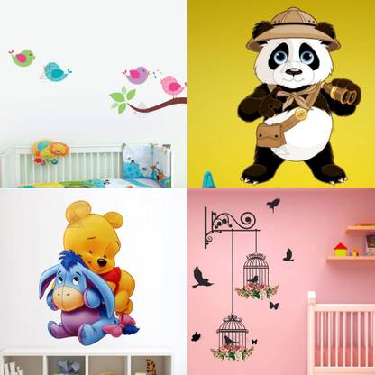 EJAart Singing Birds+Cute Panda+Pooh with Eeyore+Branches and Cages Pack of 4