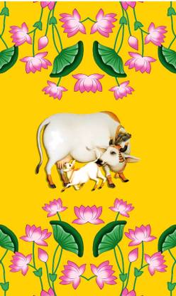 Backdropon Kamdhenu Cow with Calf Design Printed Fabric Backdrop(8Feet Height &5Feet width)