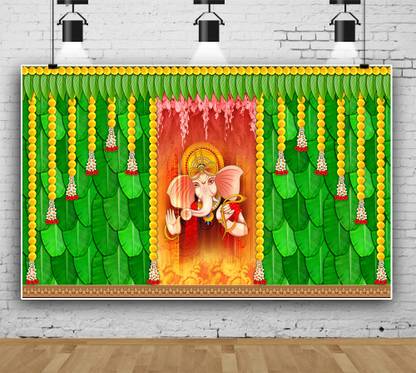 HRK CREATION Banana Green Leaf With MComplete ganpati backdrop set (8*5 Feet)