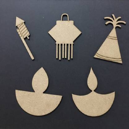 PRINTWORLDSHOP MDF Set of 5 pieces – 2 Diya,1 Chinese Lantern, 2 Fireworks CUTOUTS Pack of 5