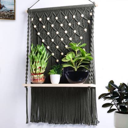 Decazone Wall Hanging Shelf, 1 Tier Rope Floating Plank for Photo Frames, Small Plants.
