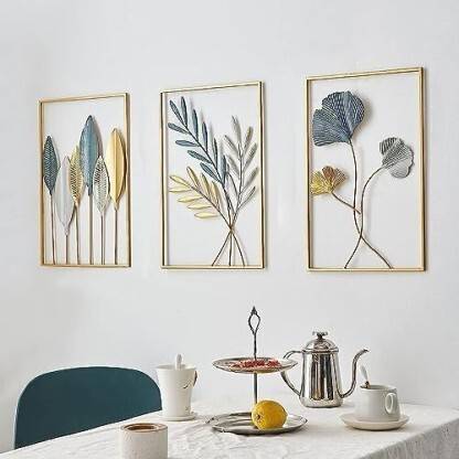 Infinity Art Collection Gold Metal Wall Decor Leaf Wall Hanging Decoration | Metal Wall Art Home Decor Pack of 3