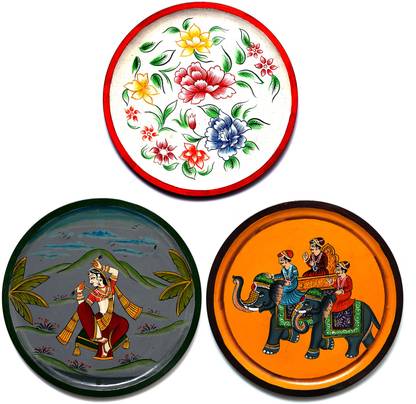 Craft Tree Hand Painted Round Set of 3 Elephant Painting on Wall Hanging Pack of 3